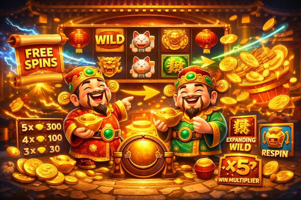 Fortune Gods com símbolos do slot, free spins, moedas douradas e destaque para regras, recursos e funcionamento do jogo