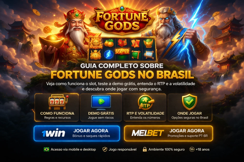 Fortune Gods com símbolos de slot, deuses da fortuna, moedas douradas e destaque para guia completo do jogo no Brasil