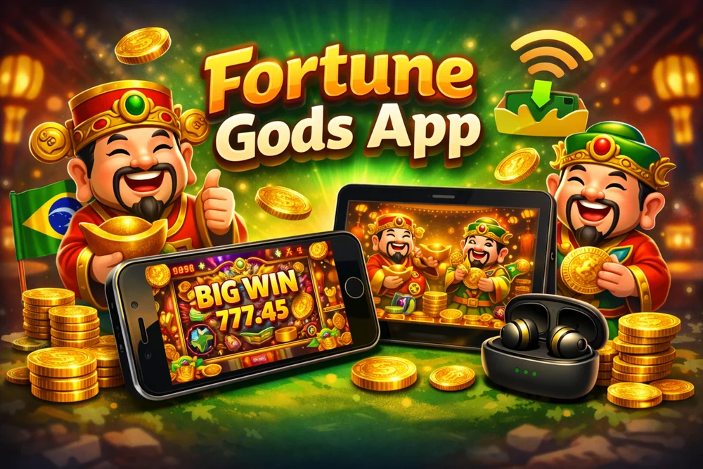 Fortune Gods App em smartphone com interface mobile, moedas douradas e destaque para jogar no celular no Brasil