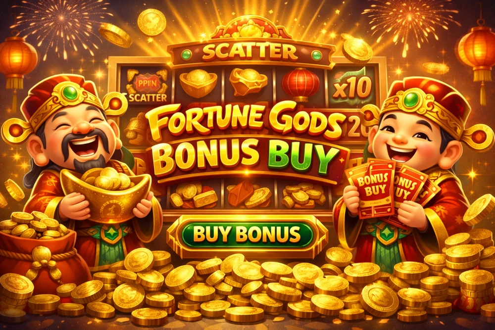 Fortune Gods com destaque para Bonus Buy, moedas douradas e recurso especial do slot no Brasil