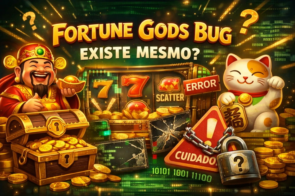 Fortune Gods com sinais de erro, alerta e moedas douradas em destaque para o tema bug no Brasil
