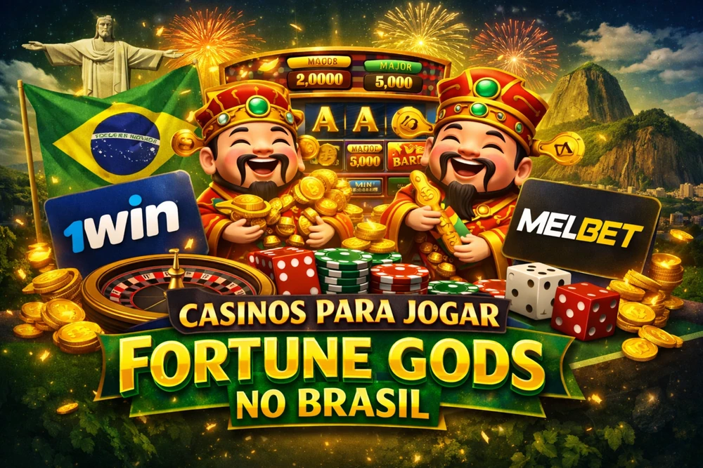 Fortune Gods com símbolos de casino, moedas douradas e destaque para plataformas para jogar no Brasil