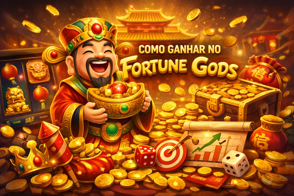 Fortune Gods com moedas douradas, baú de tesouro e destaque para como ganhar no jogo no Brasil
