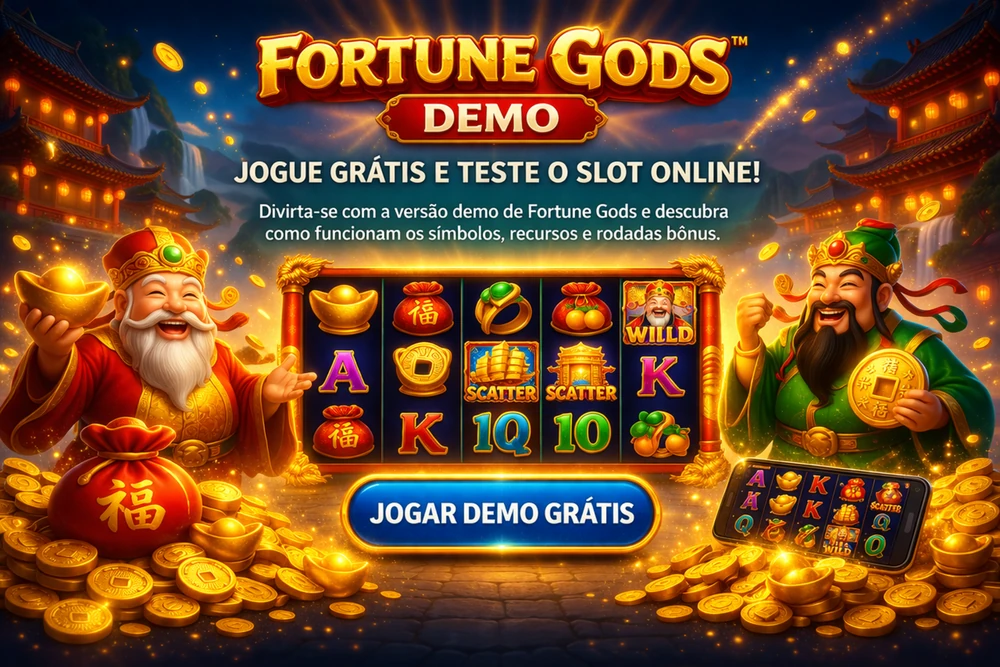 Fortune Gods Demo em smartphone com símbolos do slot, moedas douradas e destaque para jogar grátis online