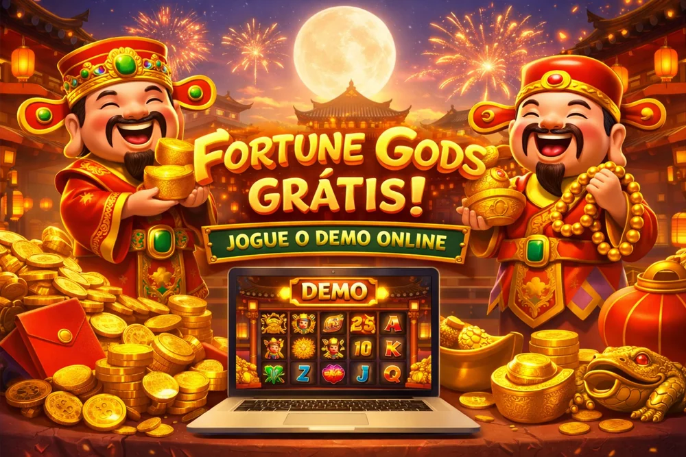 Fortune Gods grátis com laptop em modo demo, moedas douradas e destaque para jogar online no Brasil