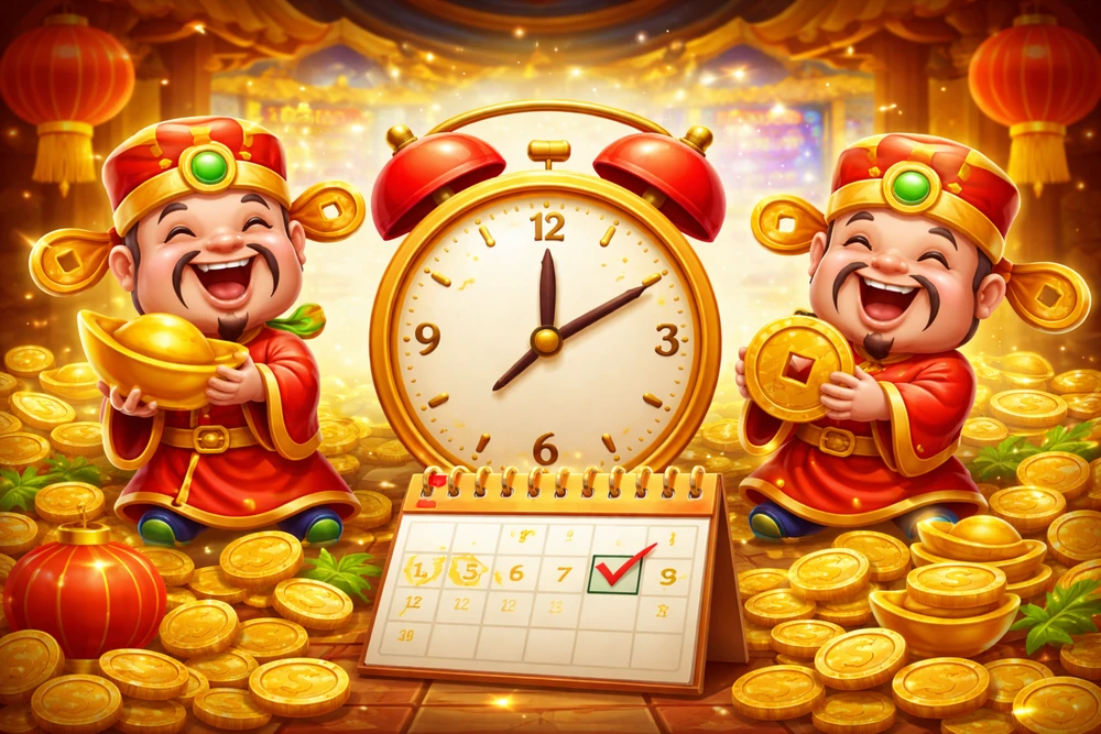 Fortune Gods com relógio, calendário e moedas douradas em destaque para horário de jogo no Brasil
