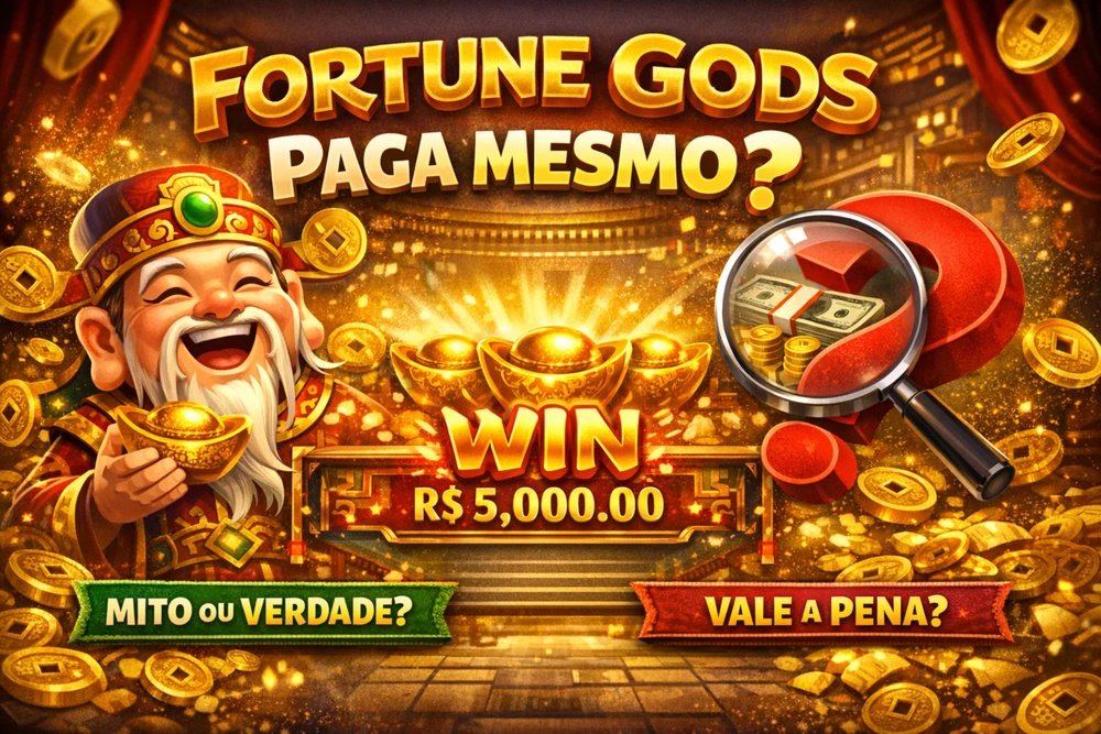 Fortune Gods paga mesmo com moedas douradas, símbolo de vitória, lupa sobre ganhos e destaque para análise do jogo no Brasil