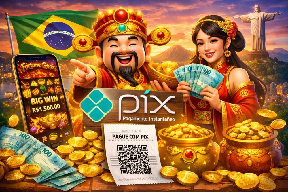Fortune Gods com símbolo Pix, smartphone, reais e moedas douradas em destaque para jogar no Brasil