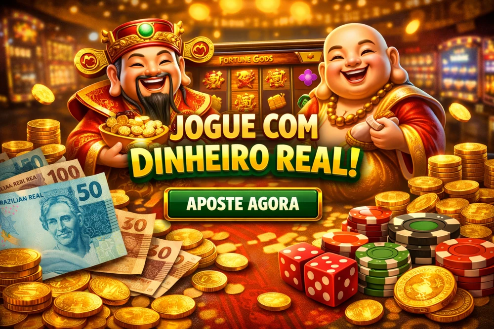Fortune Gods com dinheiro em reais, moedas douradas e destaque para jogar com saldo real no Brasil