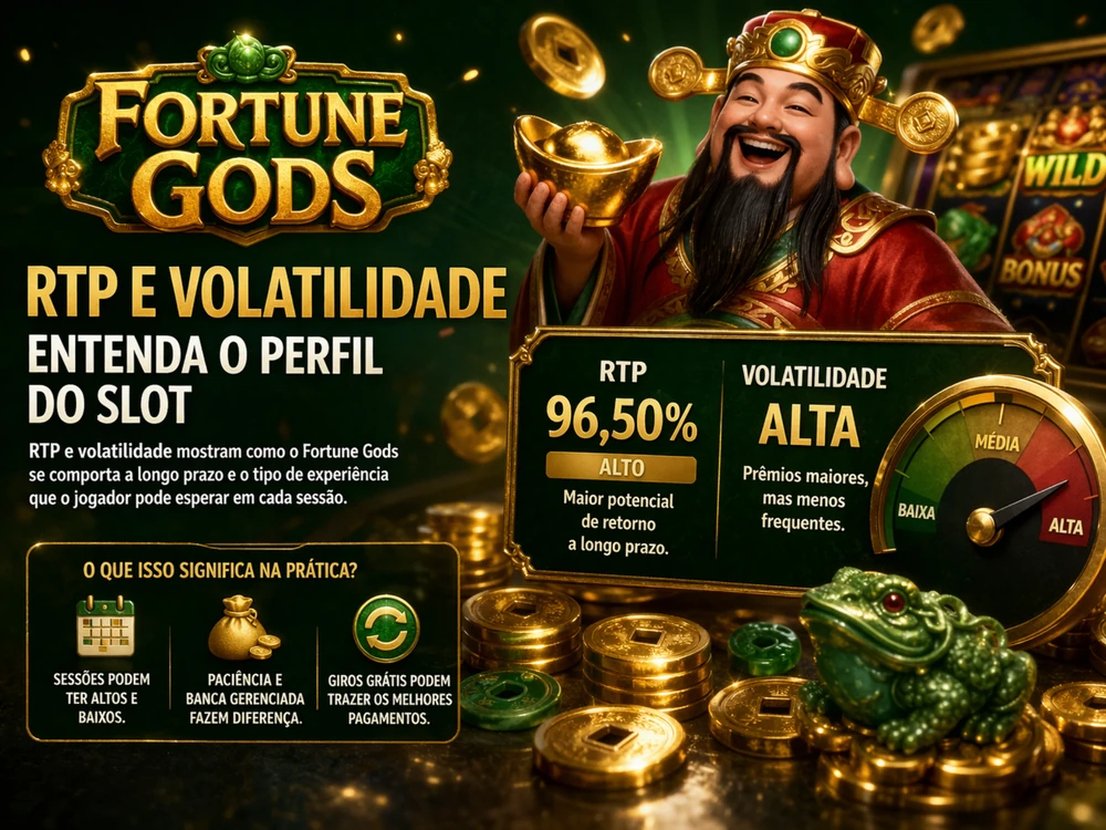 Fortune Gods com painel de RTP e volatilidade, moedas douradas e destaque para o perfil do slot