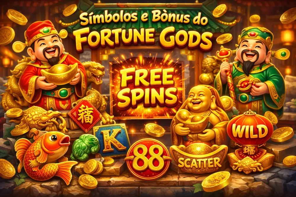Fortune Gods com símbolos do slot, free spins, wild e moedas douradas em destaque no Brasil
