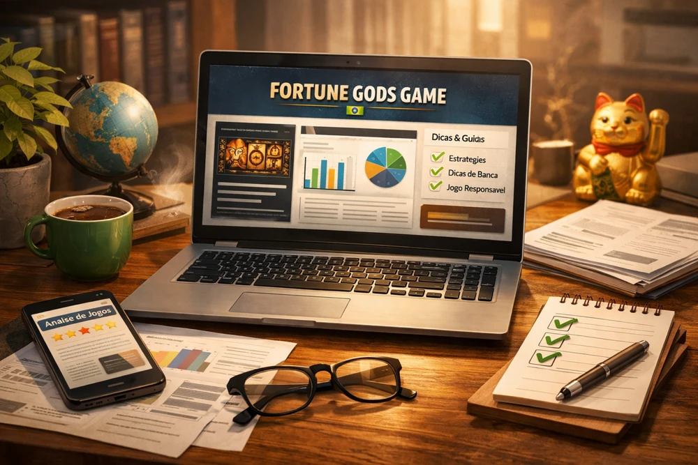 Laptop com conteúdo do Fortune Gods Game, smartphone, documentos e elementos de análise editorial em destaque