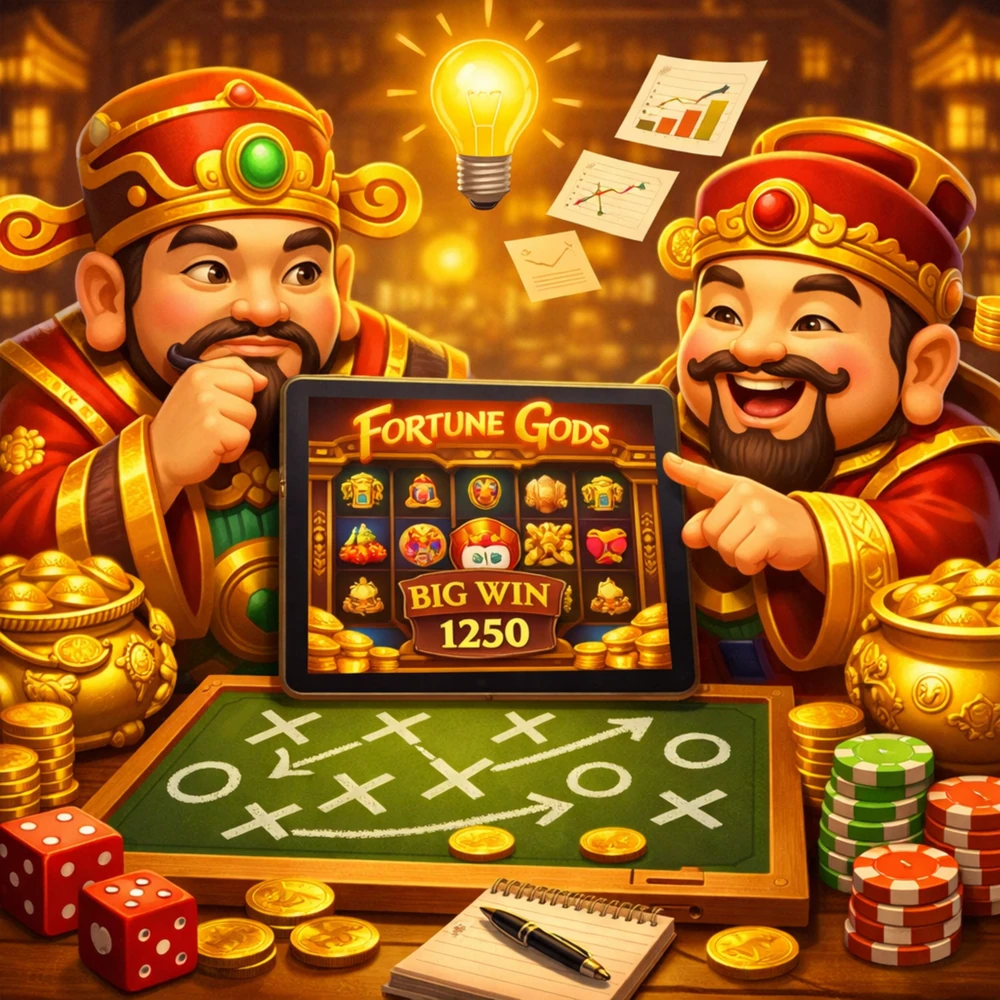 Fortune Gods com tablet, plano de jogo, moedas douradas e destaque para estratégia no Brasil