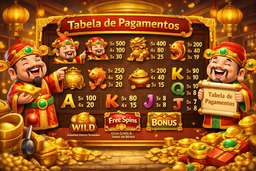 Fortune Gods com tabela de pagamentos, símbolos do slot e moedas douradas em destaque no Brasil